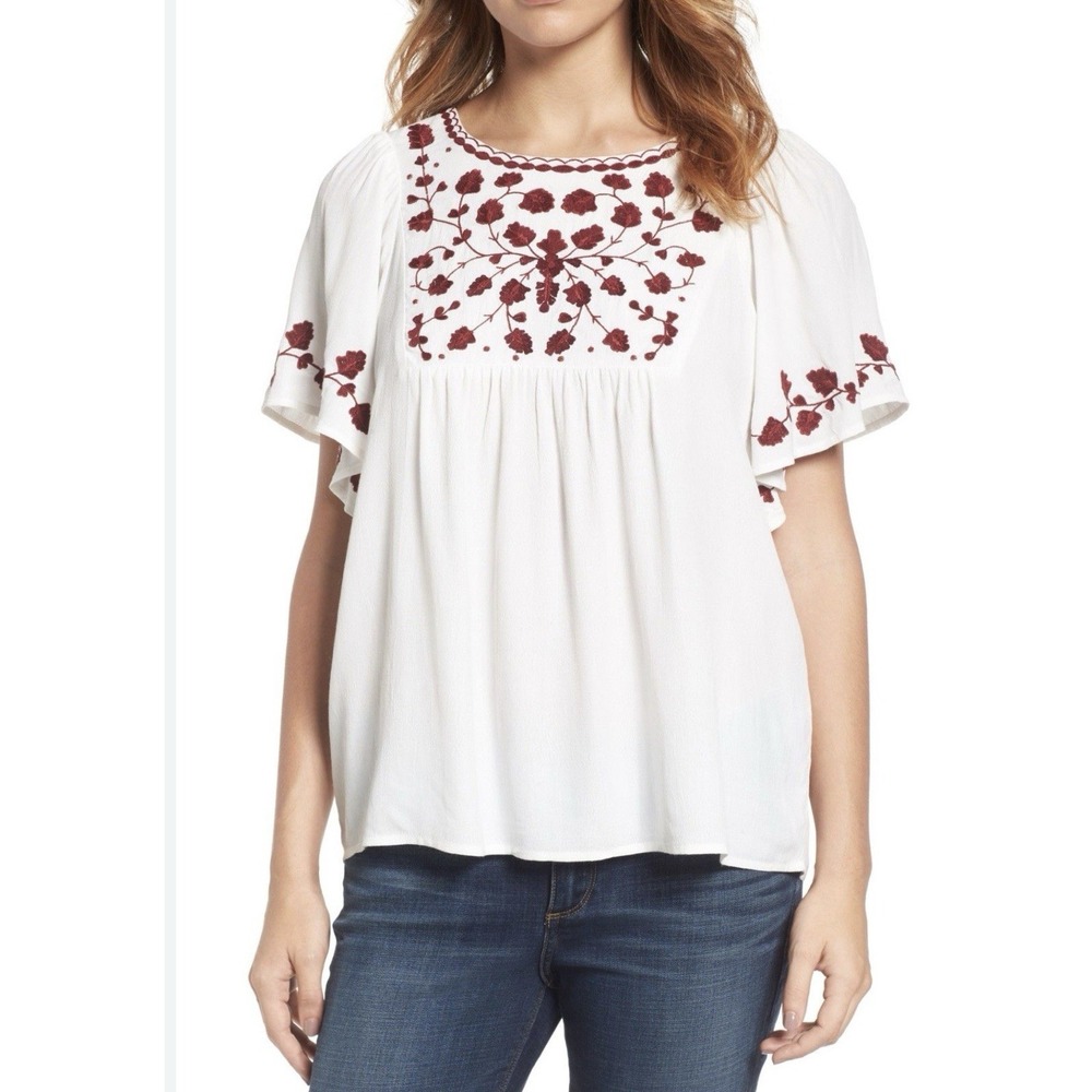 Lucky Brand Women Embroidered Peasant Blouse Floral Boho Short Sleeves Size 3X